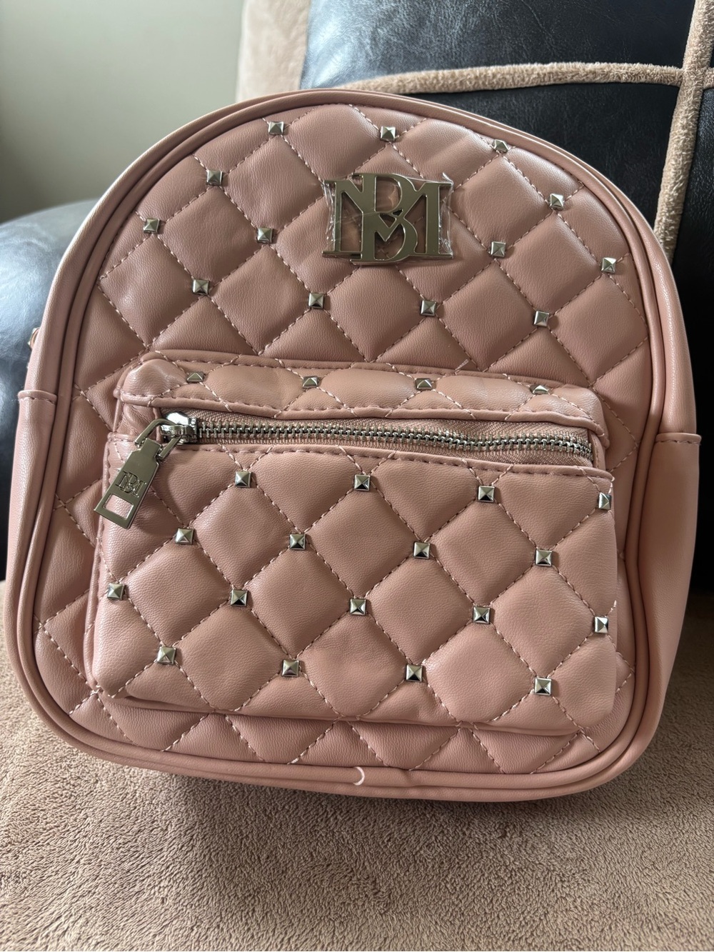 Badgley Mischka Quilted Mini Backpack in Dusty Pink with Silver Studs - Picture 6 of 6